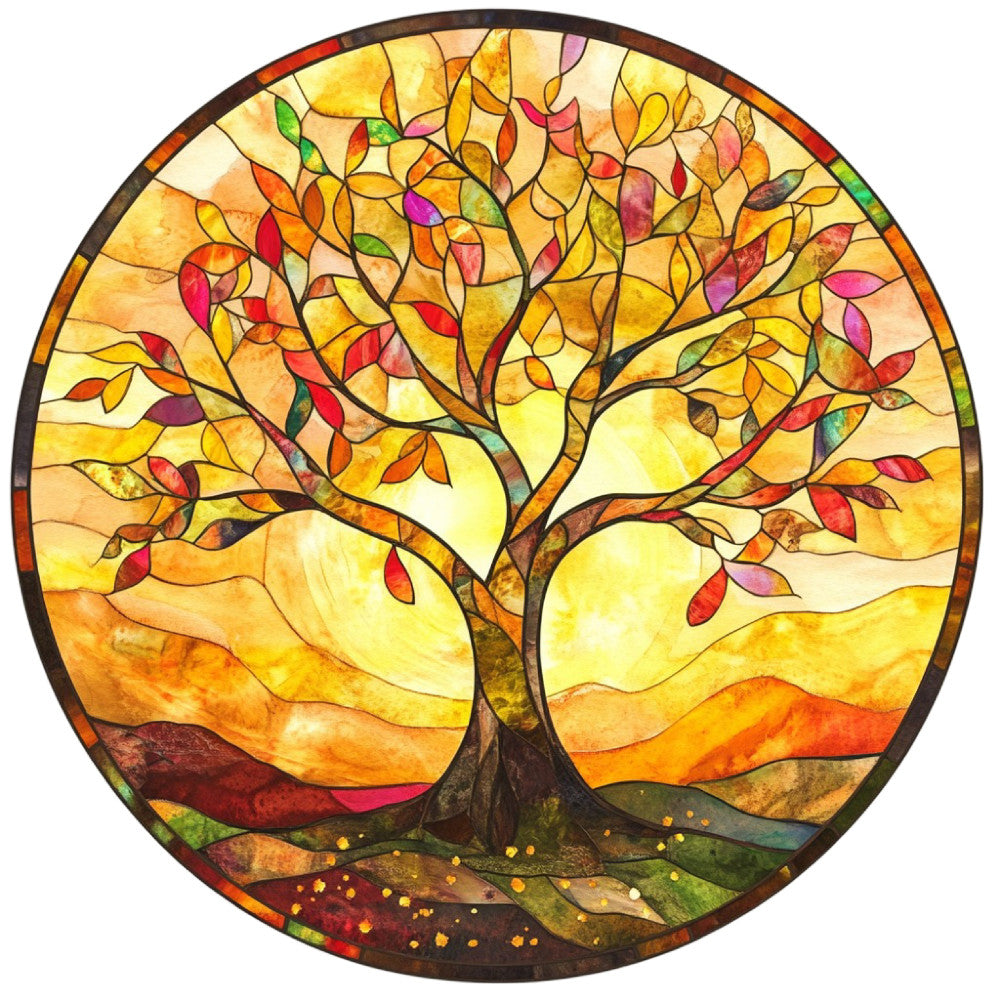 autumn tree, fall foliage, stained glass, golden yellow, burnt orange, rust red, deep brown, forest green, warm tones, nature inspired, landscape, tree of life, seasonal, autumn leaves, harvest theme, transitional seasons, art glass style, whimsical, rustic, elegant, wall hanging, home decor, nature motif, leaf pattern, sunset sky, earth tones, woodland, fall colors, botanical design, round panel