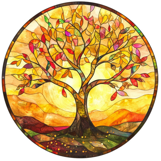 autumn tree, fall foliage, stained glass, golden yellow, burnt orange, rust red, deep brown, forest green, warm tones, nature inspired, landscape, tree of life, seasonal, autumn leaves, harvest theme, transitional seasons, art glass style, whimsical, rustic, elegant, wall hanging, home decor, nature motif, leaf pattern, sunset sky, earth tones, woodland, fall colors, botanical design, round panel