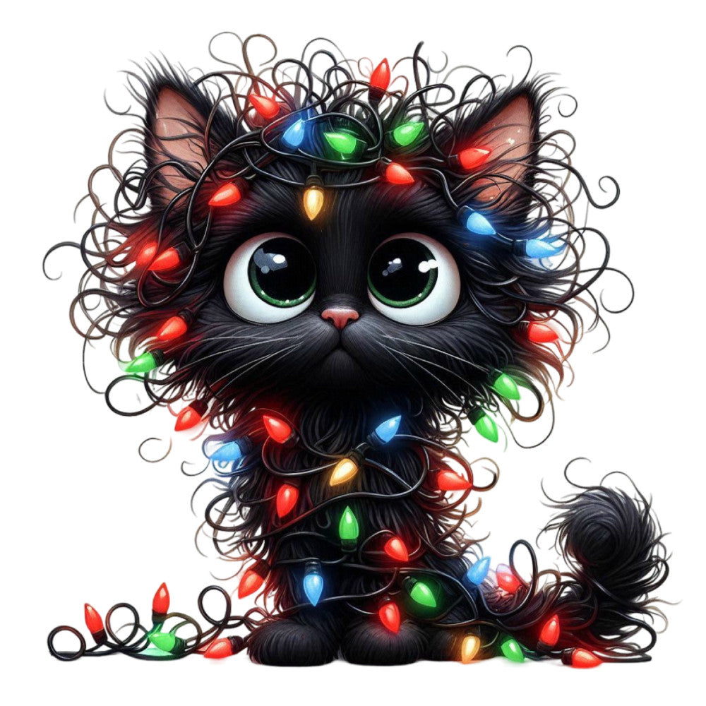 black cat, holiday lights, christmas lights, festive, whimsical, cute cat, animal theme, colorful lights, red lights, green lights, blue lights, yellow lights, multicolor, christmas theme, holiday theme, seasonal, winter, festive décor, decorative lights, cat lover, pet themed, playful, charming, dark background, black fur, glowing lights, string lights, cat face, holiday spirit