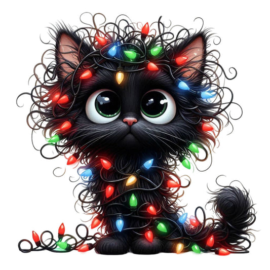 black cat, holiday lights, christmas lights, festive, whimsical, cute cat, animal theme, colorful lights, red lights, green lights, blue lights, yellow lights, multicolor, christmas theme, holiday theme, seasonal, winter, festive décor, decorative lights, cat lover, pet themed, playful, charming, dark background, black fur, glowing lights, string lights, cat face, holiday spirit
