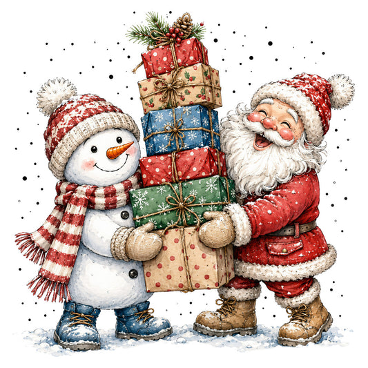 christmas, santa claus, snowman, holiday, festive, red and white, cream, forest green, navy blue, polka dots, striped, whimsical, vintage, traditional, gift boxes, presents, pine branches, winter, snow, jolly, cheerful, nostalgic, retro, children's, seasonal, folk art, cottage core, rustic charm, decorative panel