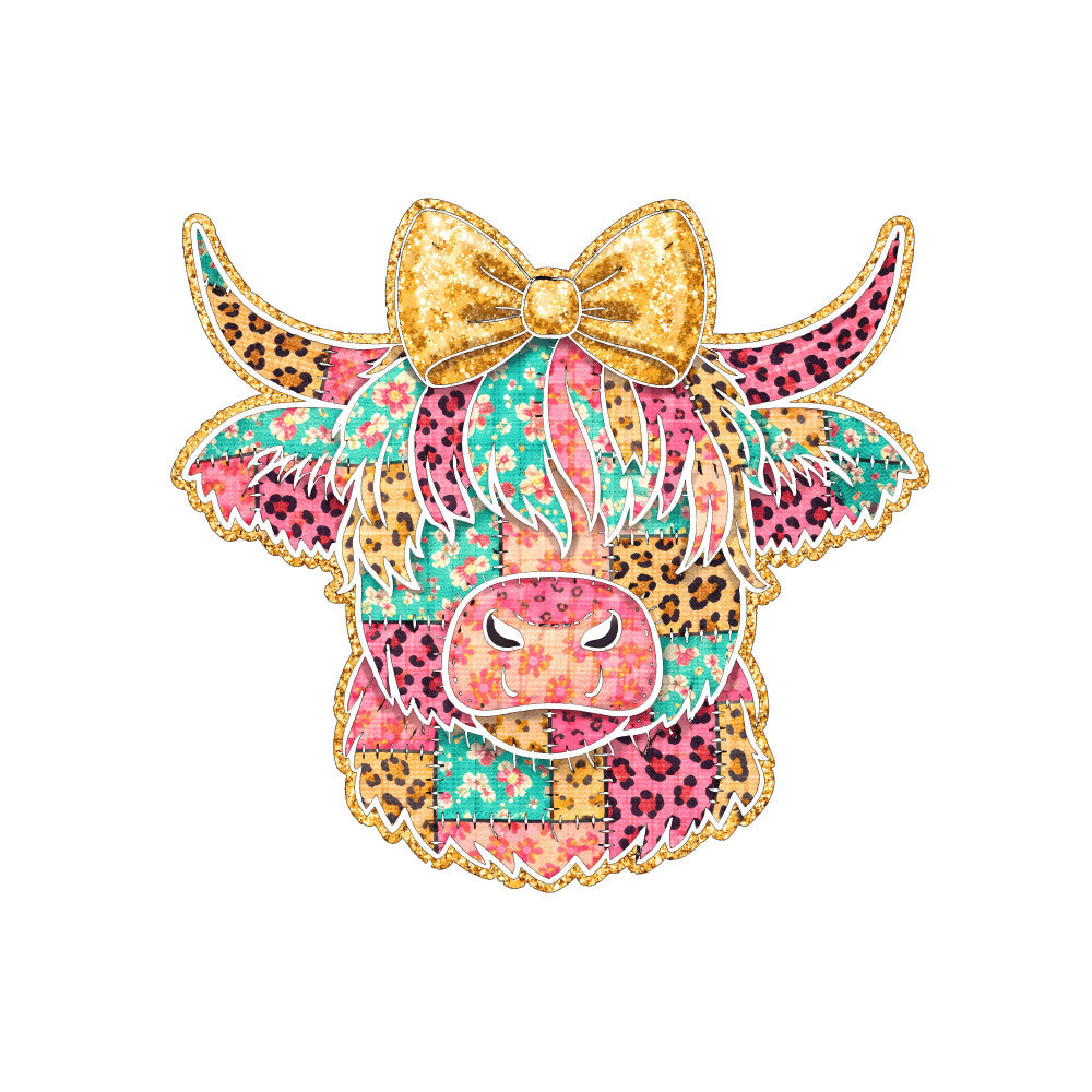 whimsical, cow, highland cattle, leopard print, animal print, colorful, gold glitter, turquoise, coral pink, magenta, yellow gold, patchwork, floral, polka dots, festive, playful, children's, farmhouse, boho, bohemian, cute animals, patterned horns, bow tie, fringe details, mixed patterns, spring colors, summer, nursery, wall hanging, decorative panel