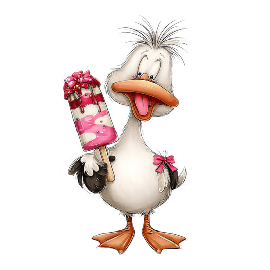 cartoon duck, whimsical, ice cream popsicle, pink, coral orange, cream white, black, children's, animal, playful, fun, cute, dessert theme, summer, cheerful, bright, illustrated, character, novelty, girly, bow details, dimensional design, decorative panel, wall art, kids fabric, nursery, cotton print