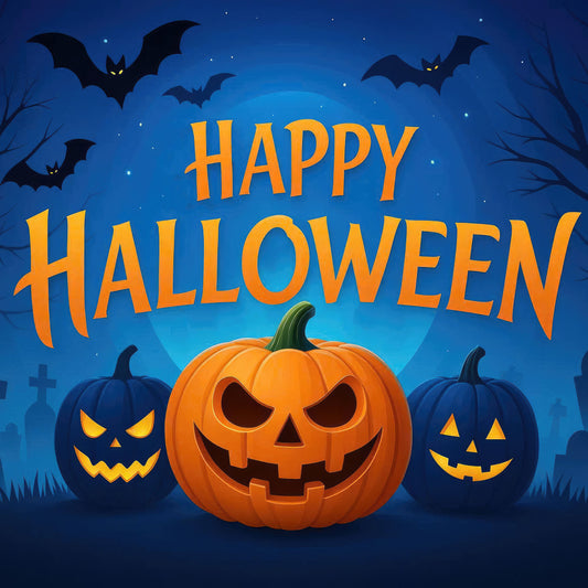 happy halloween, halloween, orange pumpkin, jack-o-lantern, jack o lantern, bats, flying bats, full moon, moonlight, spooky, scary, dark blue, deep blue, navy blue, bright orange, golden yellow, pumpkins, carved pumpkin, halloween pumpkins, holiday, autumn, fall, festive, whimsical, spooky season, trick or treat, haunted, creepy, dark theme, wall hanging