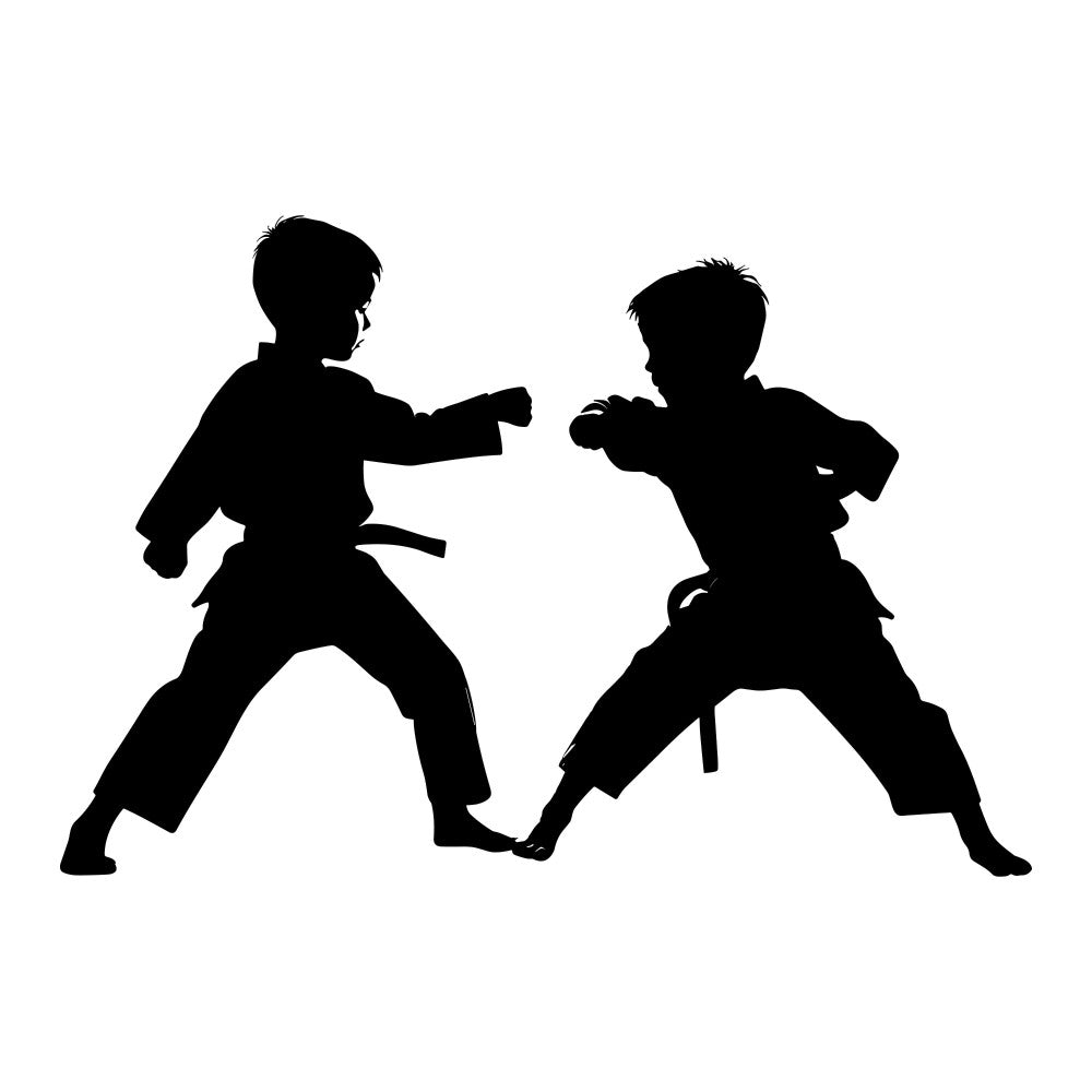 karate, martial arts, silhouette, black, children, boys, sports, action, dynamic, fighting, belt, uniform, Asian, Japanese, traditional, modern, athletic, youth, energetic, playful, movement, strength, discipline, monochrome, graphic, contemporary, activity, adventure, black and white, bold