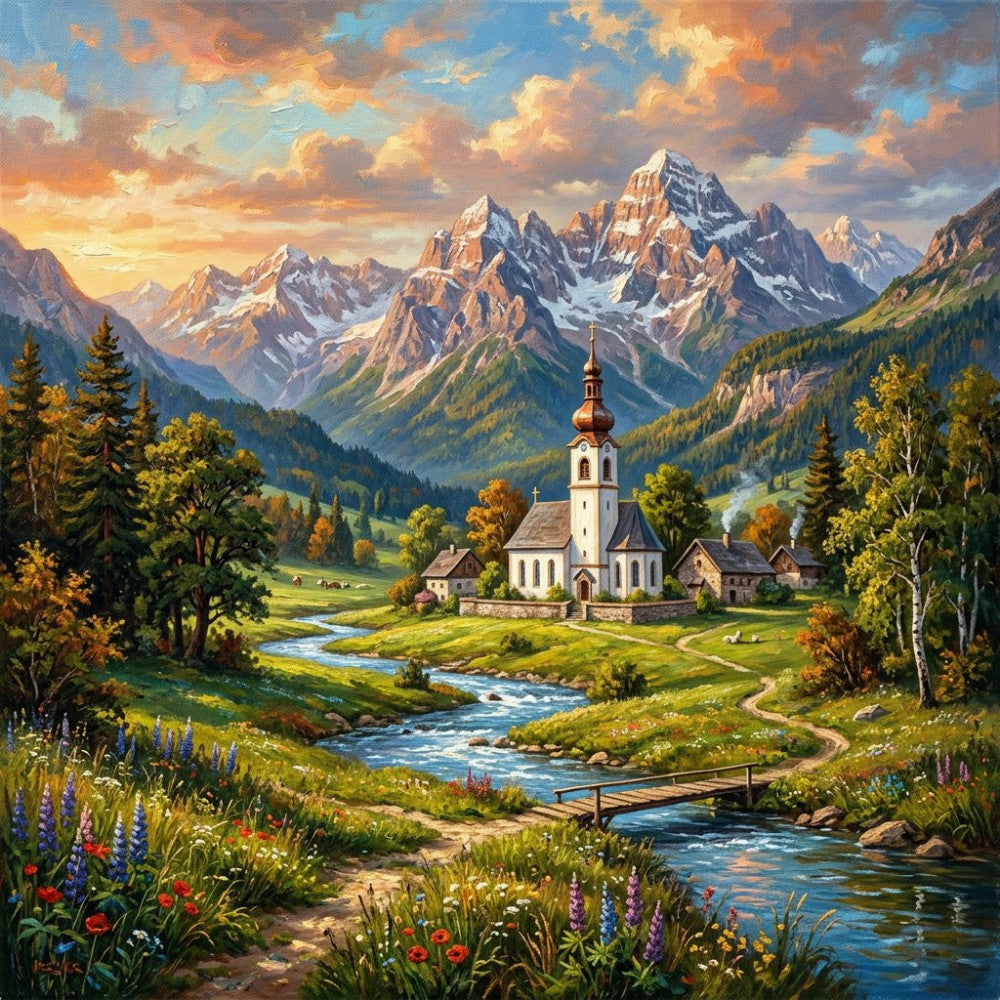alpine landscape, mountain scenery, church steeple, golden hour sunset, sky blue, forest green, cream white, rust orange, wildflowers, meadow, stream, nature, pastoral, peaceful, romantic, traditional, european village, countryside, scenic, landscape art, dramatic sky, clouds, spring meadow, summer landscape, autumn foliage, idyllic, countryside cottage, religious architecture, bridge, rolling hills
