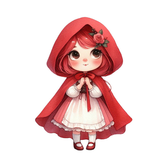 red hood, little red riding hood, fairy tale, storybook, anime style, chibi character, red cape, crimson red, cream white, rose pink, floral crown, rose flower, whimsical, charming, cute illustration, girl character, vintage fairy tale, classic tale, decorative panel, character fabric, children's fabric, storybook character, romantic style, delicate details, lace trim, embellished, spring colors, fantasy theme