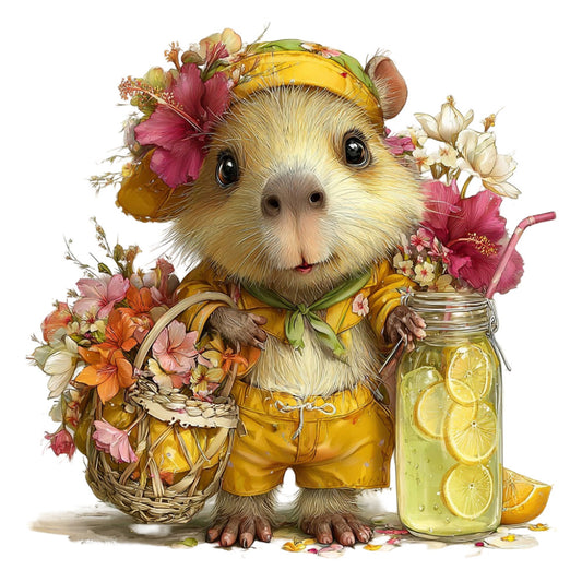 guinea pig, cute animals, whimsical, floral, spring, yellow, coral pink, cream, sage green, rust orange, flowers, hibiscus, daisies, woodland, nature, animal illustration, botanical, pastel colors, lemonade, summer, garden, children's fabric, baby quilt, nursery, storybook, charming, decorative, vintage style, cottage core