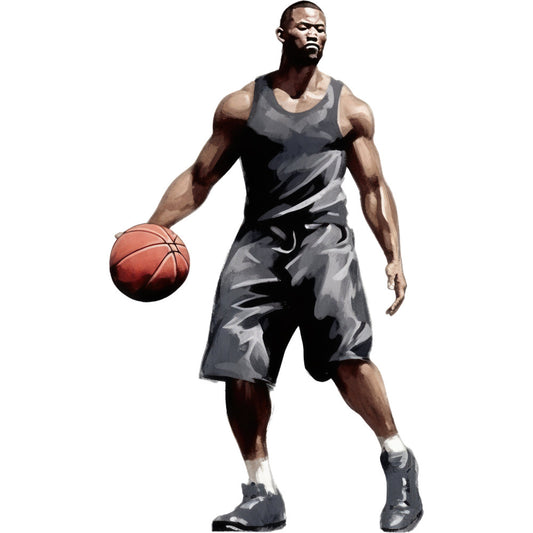 basketball player, sports, athletic, male figure, charcoal gray, dark gray, black, white, gray tones, monochromatic, realistic, portrait, sports themed, contemporary, modern, action pose, dribbling ball, basketball motif, athletic wear, tank top, shorts, sneakers, sports fan, gym decor, locker room, youth themed, masculine, dynamic pose