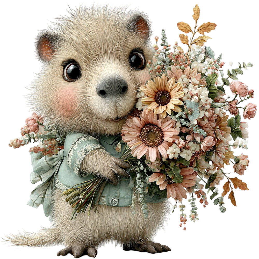 cute animal, fluffy creature, woodland, whimsical, adorable, possum, marsupial, spring flowers, floral bouquet, gerbera daisy, roses, baby animals, nursery, pastel colors, cream, soft pink, dusty rose, sage green, mint green, blush, peach, botanical, nature themed, gentle, sweet, charming, vintage style, cottagecore, enchanted forest, children's design