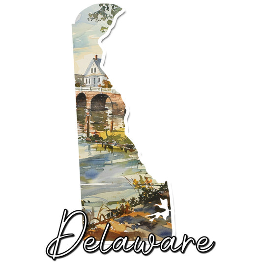 delaware state fabric, scenic landscape, cottage house, brick bridge, waterway, nautical theme, vintage travel, cream beige, sage green, blue water, rust orange, autumn colors, state pride, americana, travel souvenir, scenic panel, rural farmhouse, traditional style, pastoral scene, nature inspired, heritage design, regional theme, golden brown, slate gray, duck pond, countryside, classic americana, nostalgic design, wall hanging, state shape