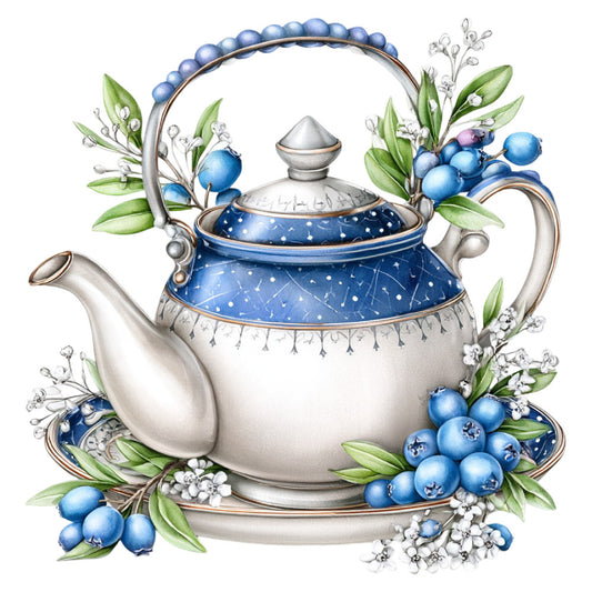 teapot, blue and white, blueberries, botanical, vintage, elegant, floral, nature, berries, leaves, white ceramic, decorative, traditional, tea time, botanical illustration, delicate flowers, blue florals, spring, summer, whimsical, cottage style, classic, ornate handle, berries and flowers, garden theme, powder blue, cream white, detailed illustration, timeless, sophisticated