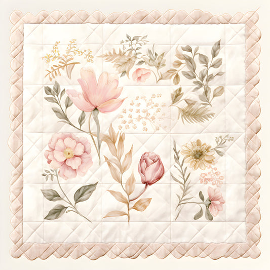 blush pink, cream, soft pink, sage green, taupe, peachy gold, floral, botanical, roses, peonies, tulips, cosmos, daisies, wildflowers, leaves, vintage, romantic, elegant, garden, spring, nature, soft, delicate, feminine, shabby chic, traditional, quilt panel, baby quilt, home decor, quilted border