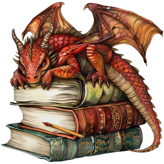 Dragon Sleeping on Books Fabric Panel 2 featuring a detailed red dragon resting atop a stack of ornate books printed on premium quilting cotton.