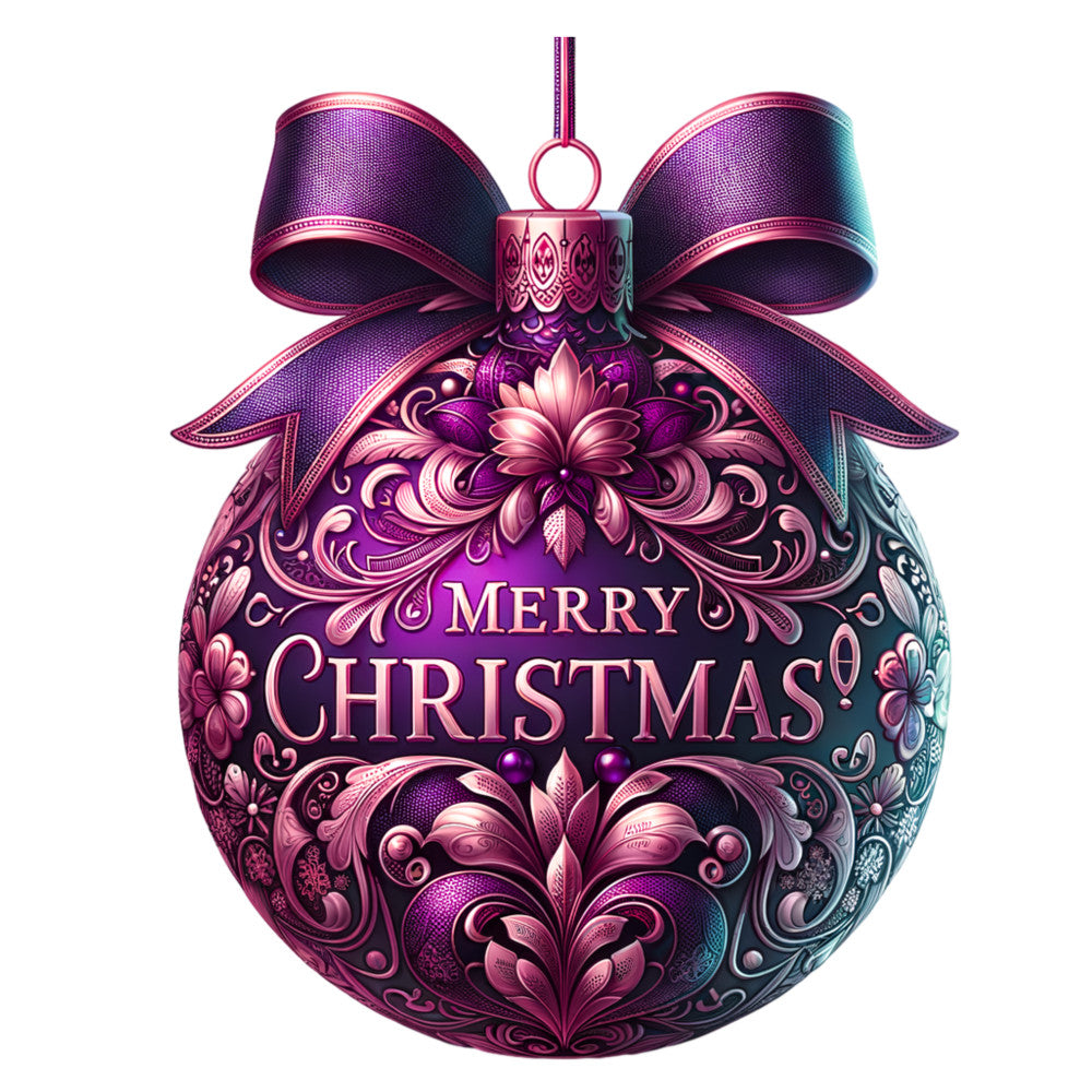 purple, magenta, teal, ornate patterns, christmas ornament, decorative bow, floral motifs, swirls, baroque design, festive, holiday themed, fabric panel, quilting cotton, metallic accents, intricate details, spherical ornament, ribbon bow, botanical elements, luxurious style, seasonal decor