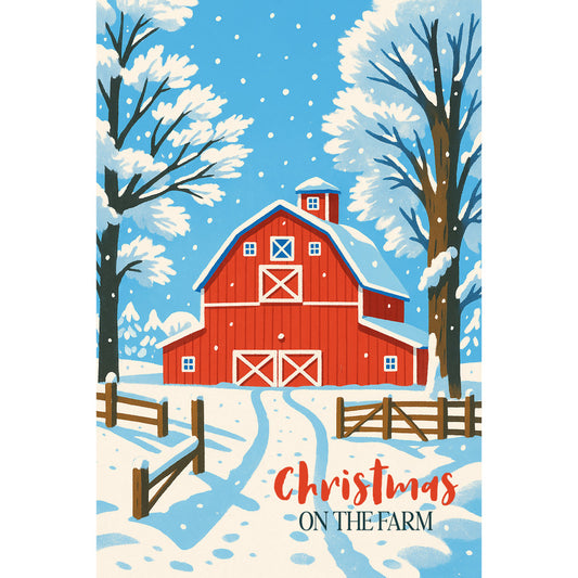 red barn, winter scene, snow falling, blue sky, bare trees, wooden fence, country farm, christmas theme, holiday fabric, cotton panel, quilting material, rustic style, pastoral landscape, seasonal design, white snow, brown fence posts, farmhouse architecture, winter wonderland, fabric art, craft material