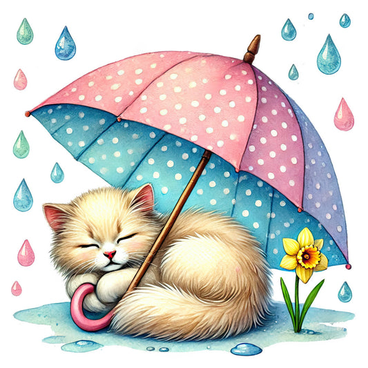 cat, kitten, rainy day, umbrella, polka dots, white dots, pink, coral pink, dusty rose, turquoise, teal blue, periwinkle, pastel colors, daffodil, yellow flower, whimsical, cute, playful, springtime, rain drops, water droplets, cozy, children's, kids, animal lover, nature, sweet, gentle, rainy season, fabric panel