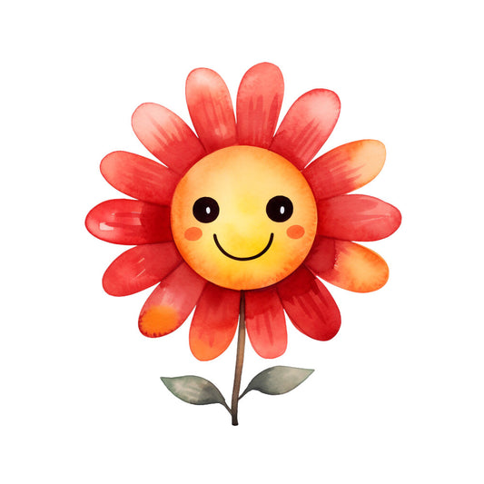 red petals, orange center, yellow face, smiling flower, cute character, watercolor style, cheerful expression, brown stem, green leaves, coral pink, warm colors, floral motif, happy face, cartoon flower, whimsical design, fabric panel, quilting cotton, children's theme, bright colors, spring theme