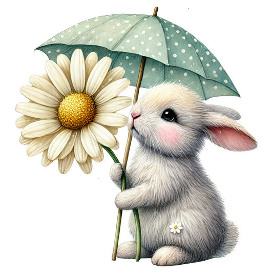 cute rabbit, white bunny, cream colored, sage green, pale yellow, polka dots, floral, daisy, whimsical, springtime, easter, animals, nature, baby, children's, nursery, gentle, soft, pastels, umbrella, rainy day, sweet, adorable, vintage style, cottage core, spring theme, decorative motifs