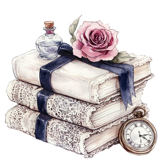 dusty rose, mauve pink, navy blue, cream, vintage, elegant, romantic, literary, books, roses, floral, pocket watch, perfume bottle, lace trim, ribbon, classic, timeless, shabby chic, cottagecore, nostalgic, storybook, botanical, antique, victorian, feminine, sophisticated, whimsical, quilt panel, decorative, beige