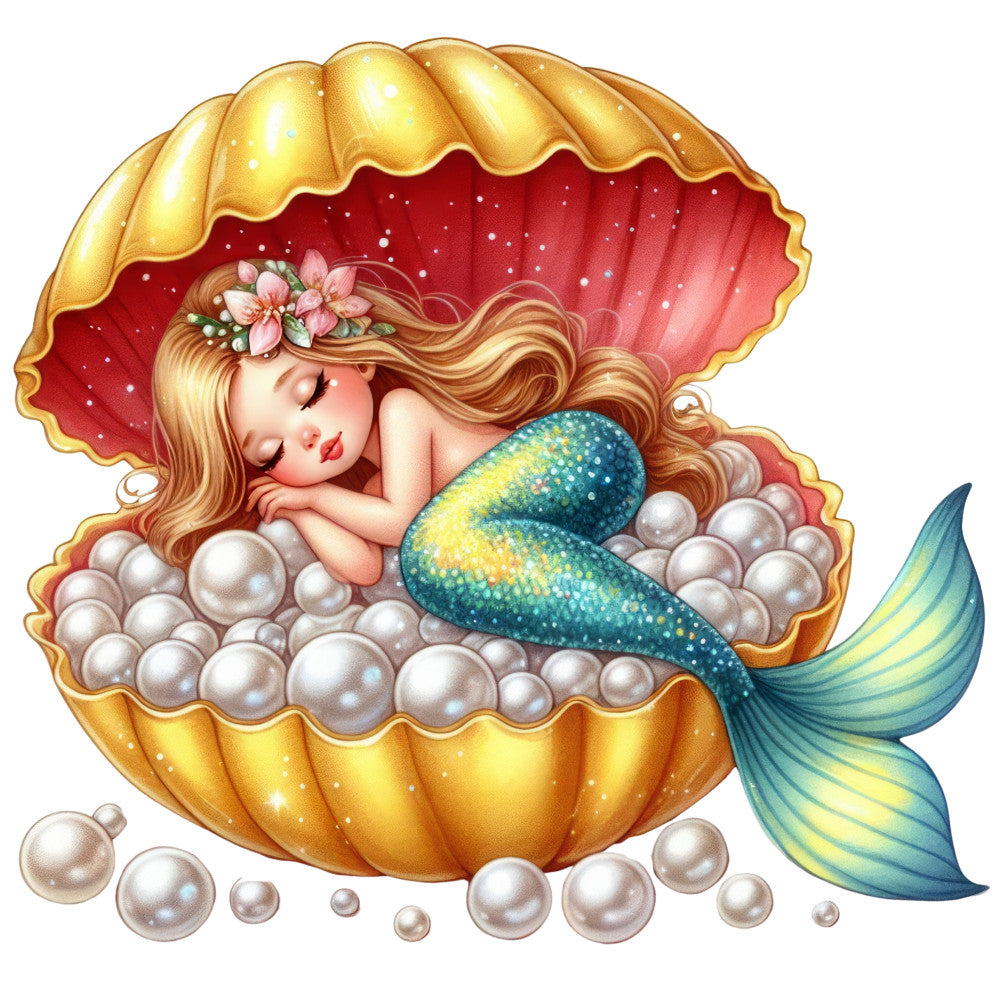 mermaid, sleeping, golden shell, pearls, blonde hair, teal tail, turquoise scales, flower crown, fabric panel, whimsical art, fantasy character, ocean theme, nautical design, children's fabric, quilting cotton, magical scene, underwater motif, pastel colors, dreamy illustration