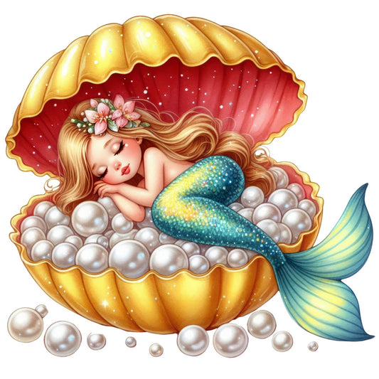 mermaid, sleeping, golden shell, pearls, blonde hair, teal tail, turquoise scales, flower crown, fabric panel, whimsical art, fantasy character, ocean theme, nautical design, children's fabric, quilting cotton, magical scene, underwater motif, pastel colors, dreamy illustration