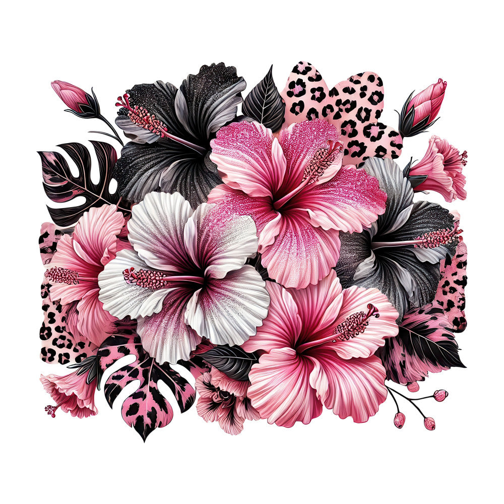 hot pink hibiscus, magenta flowers, black and white leaves, leopard print, animal print, pink and black floral, tropical flowers, nature theme, botanical, modern floral, elegant design, glamorous style, bold pattern, hibiscus blooms, monstera leaves, glitter texture, metallic accents, feminine style, statement fabric, contemporary floral, pink leopard spots, fashion-forward, artistic botanical, dramatic contrast, vibrant colors, sophisticated pattern, decorative flowers, home decor, accent fabric
