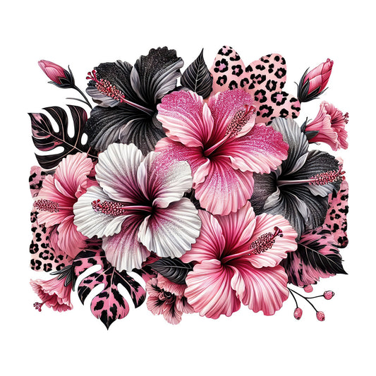 hot pink hibiscus, magenta flowers, black and white leaves, leopard print, animal print, pink and black floral, tropical flowers, nature theme, botanical, modern floral, elegant design, glamorous style, bold pattern, hibiscus blooms, monstera leaves, glitter texture, metallic accents, feminine style, statement fabric, contemporary floral, pink leopard spots, fashion-forward, artistic botanical, dramatic contrast, vibrant colors, sophisticated pattern, decorative flowers, home decor, accent fabric