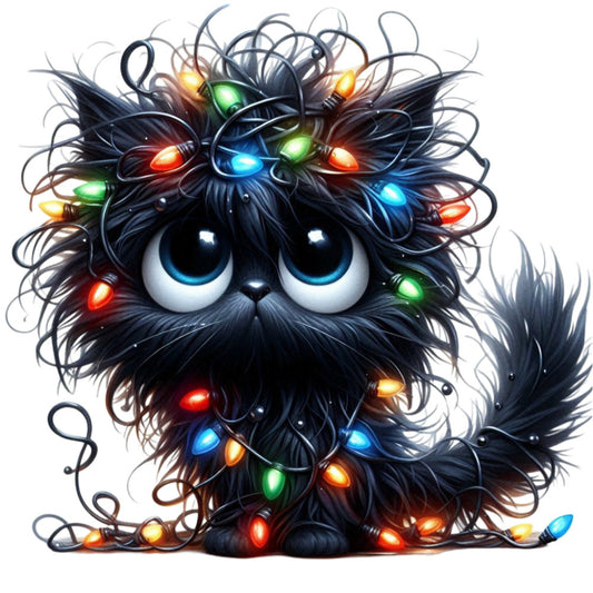 black cat, glowing eyes, holiday lights, christmas lights, festive, whimsical, cute cat, fuzzy, black fur, multicolor lights, red lights, blue lights, green lights, yellow lights, orange lights, illuminated, playful, modern, quirky, animal, cat face, festive decoration, christmas theme, holiday spirit, colorful, enchanted, magical, charming