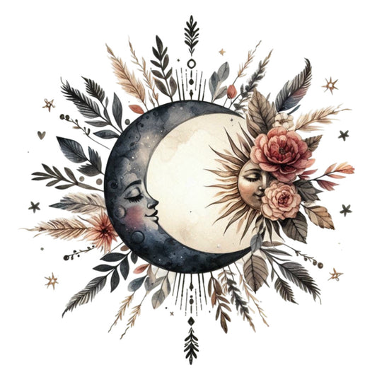 celestial, moon, sun, stars, crescent moon, floral, roses, peonies, botanical, leaves, feathers, nature, bohemian, whimsical, mystical, elegant, vintage, dreamy, ethereal, dark blue, cream, dusty rose, terracotta, sage green, black, earth tones, night sky, magical, celestial face, decorative