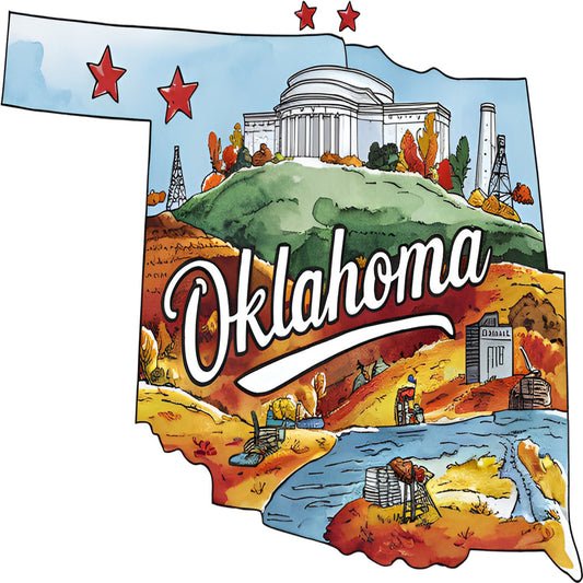 Classic US States Fabric Panel 49 featuring colorful Oklahoma state map with landmarks, oil rigs, and natural scenery in quilting cotton.