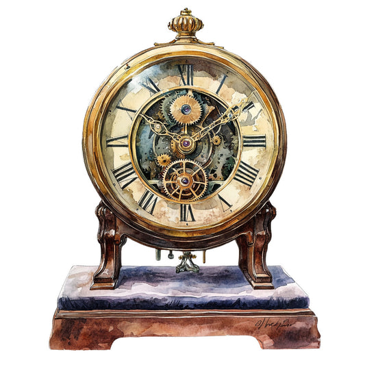 steampunk, vintage clock, gears, mechanical, brass, gold, roman numerals, antique, industrial, brown, tan, cream, beige, skeleton clock, exposed mechanism, timeless, classic, elegant, decorative, home decor, wall art, instruction, detailed illustration, watercolor, nostalgic, victorian, time piece, clockwork, copper, sepia tones
