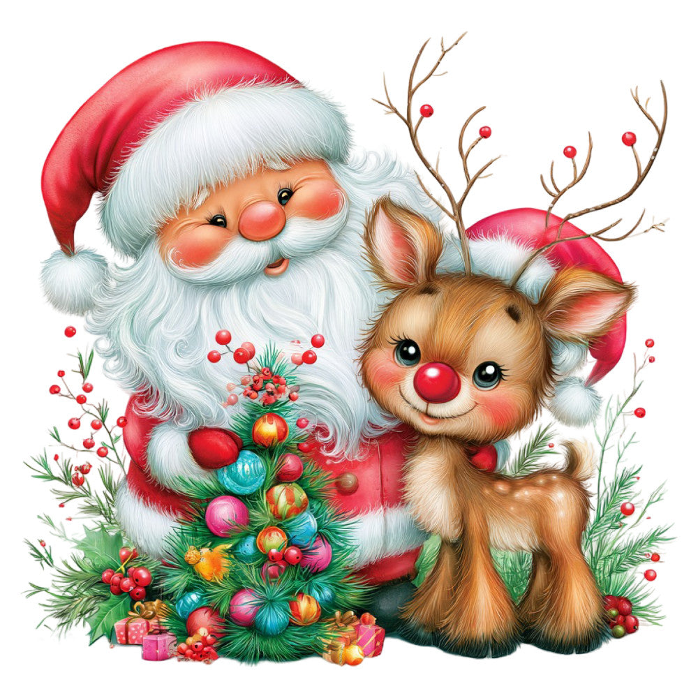 santa claus, reindeer, christmas, holiday, red, white, cream, forest green, coral pink, rosy cheeks, festive, whimsical, cute, charming, jolly, winter, seasonal, nostalgic, vintage, traditional, decorative ornaments, christmas tree, berries, evergreen, retro, children's, family-friendly, cheerful, magical, yuletide