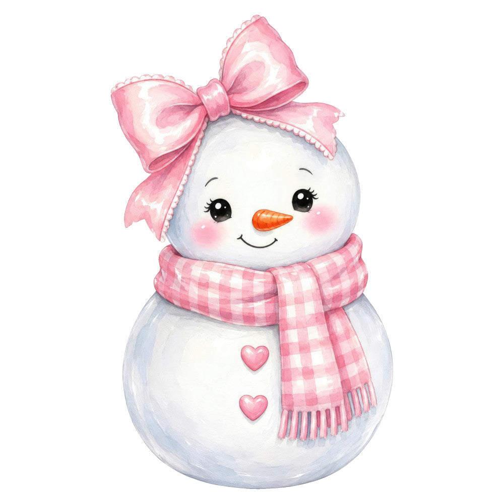 pink bow, white snowman, carrot nose, heart motifs, gingham scarf, feminine, whimsical, winter, christmas, snow theme, baby, children, cute, festive, holiday, girl, soft pink, blush pink, checkered pattern, plaid scarf, snowman face, cheerful, playful, nursery, seasonal, cold weather, frosty, decorative, sweet, innocent
