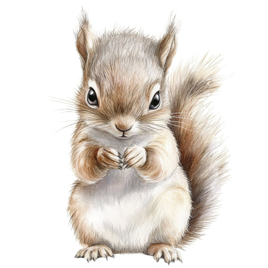 squirrel, woodland, animals, nature, forest, cute, whimsical, children, baby, nursery, tan, brown, cream, beige, taupe, illustrated, detailed, realistic, charming, playful, woodland creatures, autumn, fall, kids, juvenile, storybook, naturalistic, soft colors, gentle, friendly