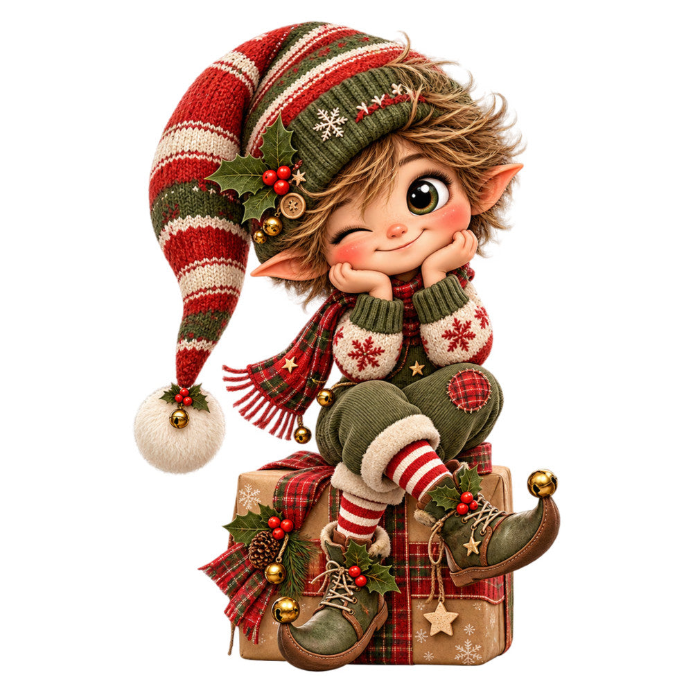 christmas elf, holiday, whimsical, red and green, cream, forest green, red stripes, plaid, striped, festive, vintage, cute character, elf theme, candy cane stripes, holly berries, snowflakes, gold accents, children's, winter, seasonal, traditional christmas, cheerful, playful, decorative panel, wall hanging, christmas fabric, holiday decor, cozy, retro style