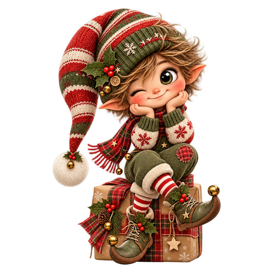 christmas elf, holiday, whimsical, red and green, cream, forest green, red stripes, plaid, striped, festive, vintage, cute character, elf theme, candy cane stripes, holly berries, snowflakes, gold accents, children's, winter, seasonal, traditional christmas, cheerful, playful, decorative panel, wall hanging, christmas fabric, holiday decor, cozy, retro style
