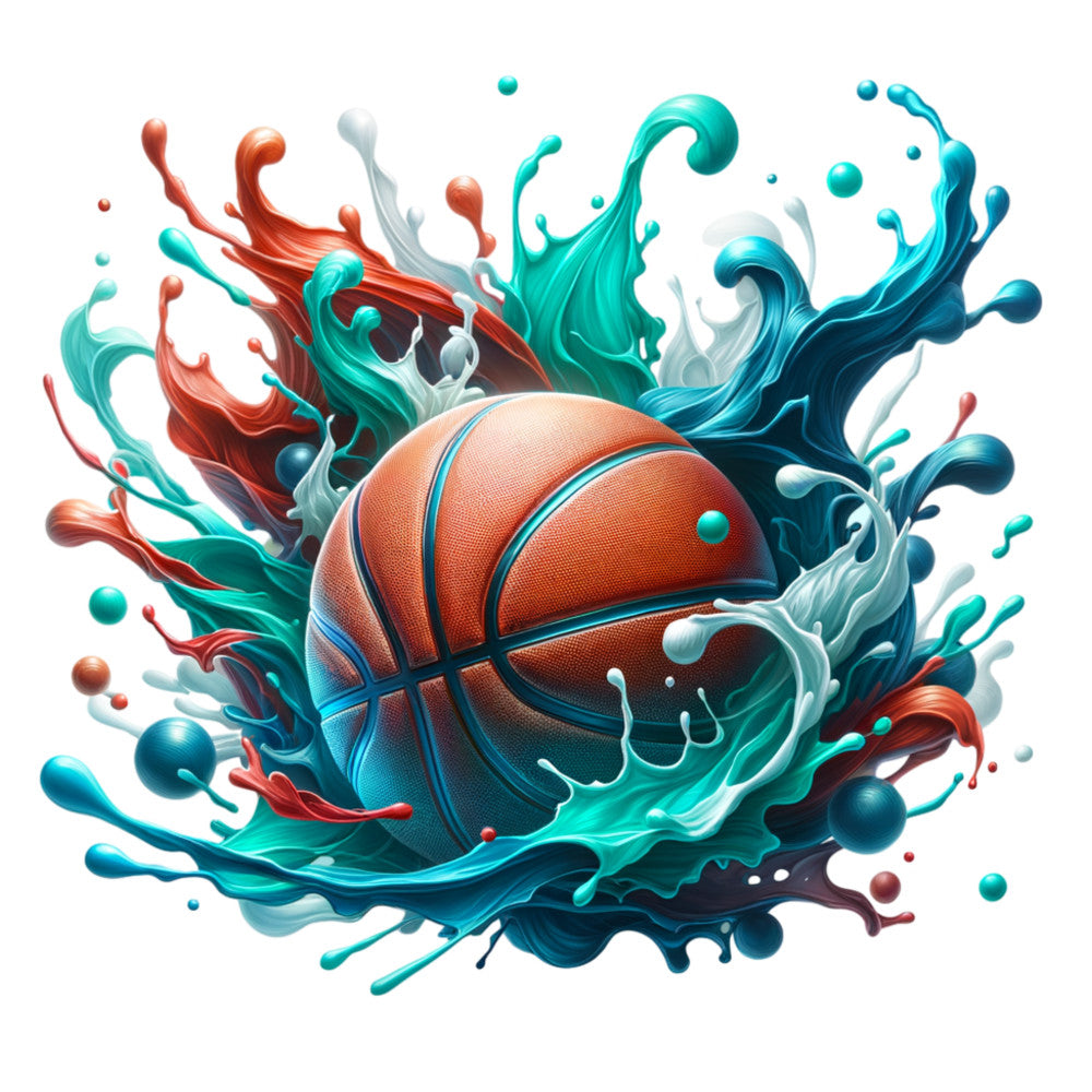 basketball, watercolor style, orange, turquoise, teal, coral red, white, splash effect, sports theme, fabric panel, quilting cotton, dynamic motion, paint splashes, athletic design, vibrant colors, modern art style, energetic mood, craft fabric, sewing material, decorative panel