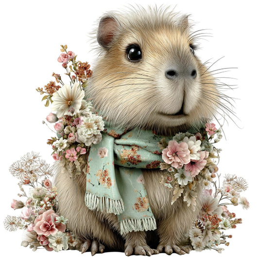 cute guinea pig, woodland animal, floral, pastel colors, soft pink, cream, sage green, mint green, tan, brown, whimsical, adorable, nature themed, flowers, daisies, roses, botanical, spring, summer, cottage core, vintage floral, sweet, gentle, children's, baby, playful, scarf detail, decorative animal, garden inspired
