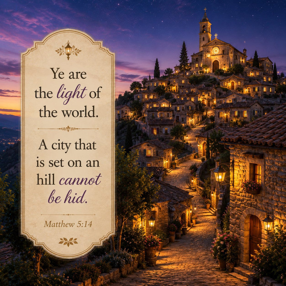 purple sky, golden yellow, warm amber, twilight blue, starry night, religious, spiritual, inspirational, scripture, bible verse, matthew, church, cathedral, architectural, village, european, tuscan, hillside, evening, dusk, nighttime, celestial, elegant, traditional, vintage, peaceful, serene, motivational, faith-based, cross