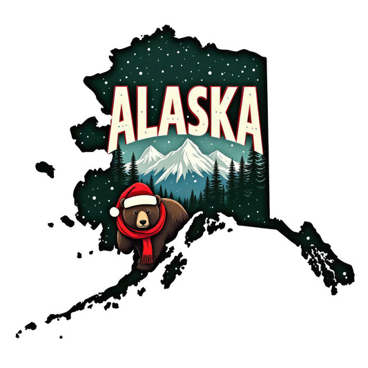 Christmas US States Fabric Panel 49 featuring Alaska with snowy mountains, pine trees, and a bear in a Santa hat on premium quilting cotton.