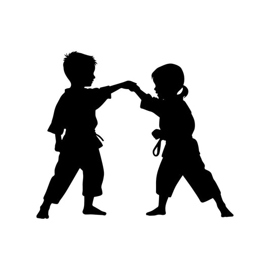 silhouette, black, white, children, kids, boys, martial arts, karate, sports, action, fighting, dynamic, modern, playful, monochrome, high contrast, contemporary, boy fabric, children's panel, activity, movement, strength, discipline, asian inspired, combat sports, training, youth, energetic