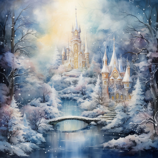 winter castle, snow covered, frozen landscape, ice blue, cream, gold accents, white, pale yellow, silver, fantasy, fairytale, magical, whimsical, elegant, enchanted palace, winter wonderland, snowy trees, architectural, storybook, celestial, dreamy, frozen river, bridge, winter holiday, christmas, snow scene, nature landscape, romantic, princess castle
