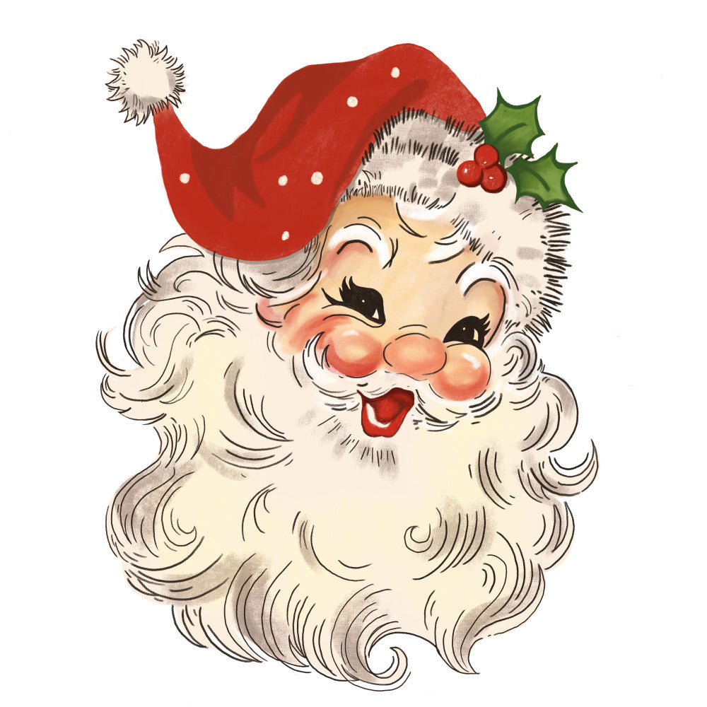 santa claus, vintage style, red hat, white beard, rosy cheeks, holly berries, green holly leaves, christmas theme, retro illustration, fabric panel, quilting cotton, holiday crafting, winter seasonal, jolly expression, cream white, crimson red, forest green, nostalgic artwork, festive design, cheerful character