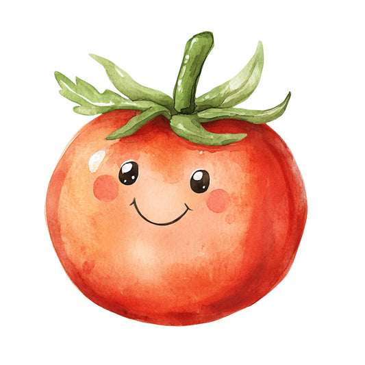 cute tomato, kawaii vegetable, smiling face, bright red, tomato green, leaf stem, whimsical, cheerful, playful, children's fabric, baby quilt, garden theme, kitchen, food, produce, fruit panel, happy face, cartoon style, watercolor, nursery decor, illustrated, summer garden, farm fresh, nature inspired, vegetable print, character design, adorable, friendly expression, vibrant red, spring garden