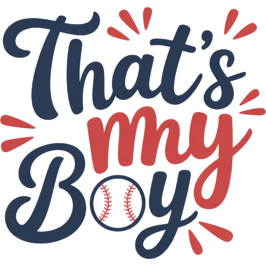 navy blue, coral red, baseball, sports, that's my boy, inspirational text, exclamation marks, playful, whimsical, modern, fun typography, boy themed, youth sports, baseball fan, red and navy, motivational quote, athletic, casual style, kid friendly, sporty, burst pattern, decorative text, baseball diamond, child quilt, nursery decor, sports themed, energetic design