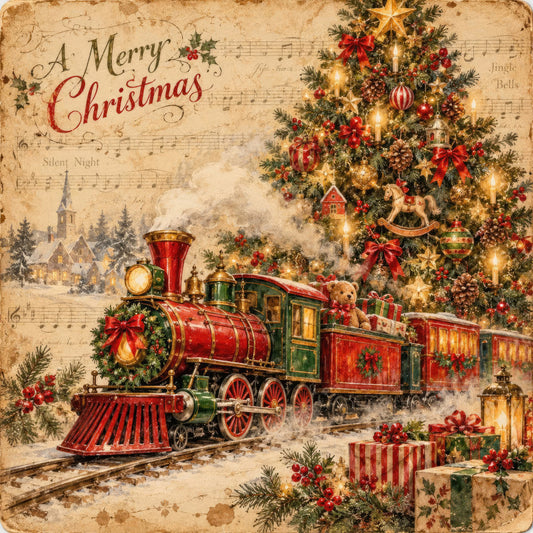 christmas, vintage, holiday, nostalgic, train, steam engine, red, green, gold, cream, beige, festive, winter, snow, victorian, traditional, elegant, whimsical, rustic, seasonal, decorative, gifts, presents, wreaths, bells, ornaments, music notes, church, landscape, timeless