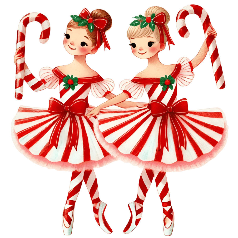 red and white, candy cane, peppermint, striped, vintage, retro, whimsical, cheerful, holiday, christmas, festive, ballet, dancers, pointe shoes, tutu, girls, children, playful, cute, sweet, cream, holly, bows, ribbons, mid-century, nostalgic, winter, seasonal
