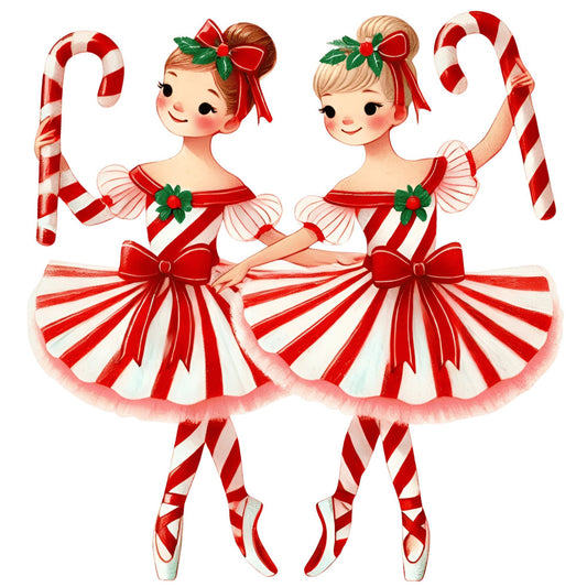 red and white, candy cane, peppermint, striped, vintage, retro, whimsical, cheerful, holiday, christmas, festive, ballet, dancers, pointe shoes, tutu, girls, children, playful, cute, sweet, cream, holly, bows, ribbons, mid-century, nostalgic, winter, seasonal
