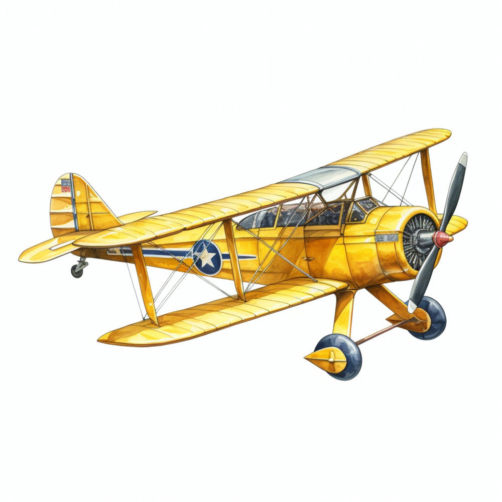 vintage airplane, yellow, gold, navy blue, white, biplane, aviation, retro, steampunk, transportation, aircraft, propeller, 1940s, 1930s, deco, art deco, nostalgic, classic, adventure, explorer, travel, sky, wings, mechanical, industrial style, masculine, heritage, historical, plane, warbird